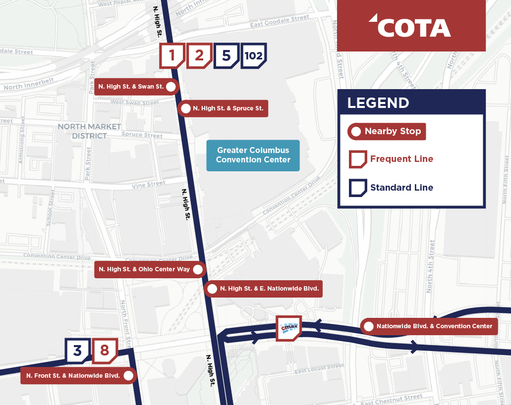 Map showing nearby COTA routes and stops