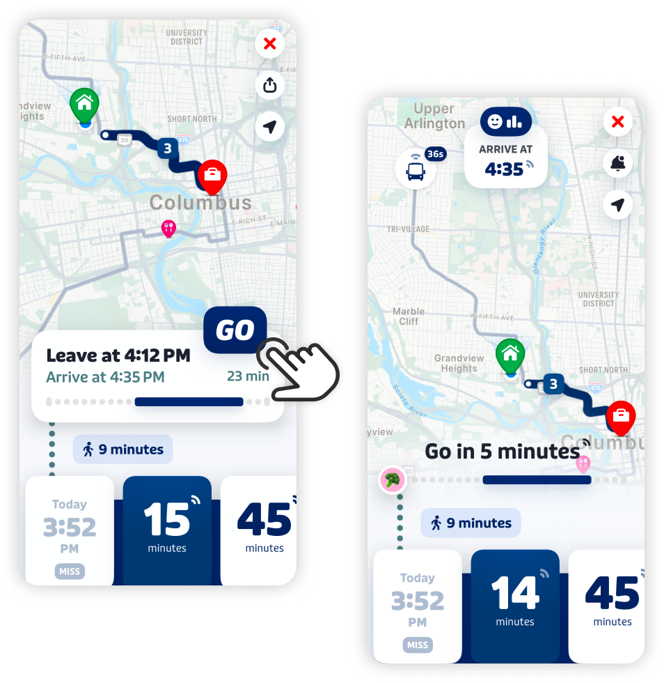 Transit app GO trip guidance screens
