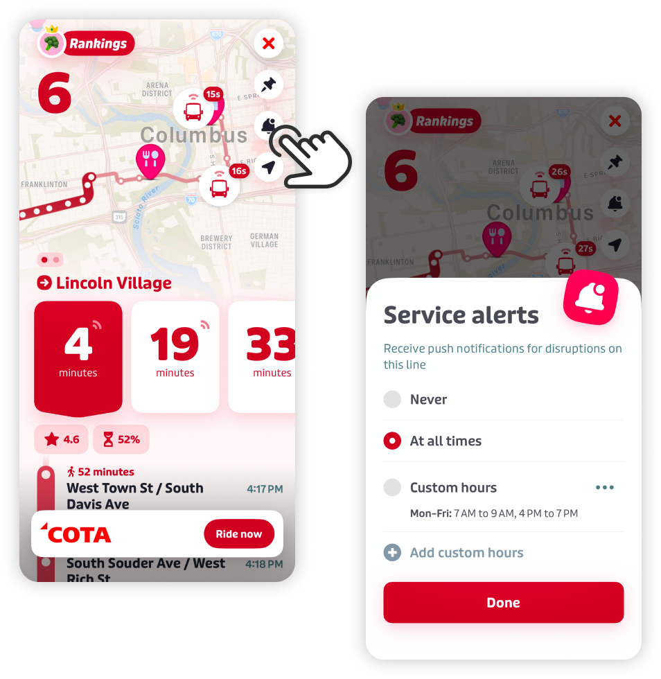 Transit app line screen and service-alert settings