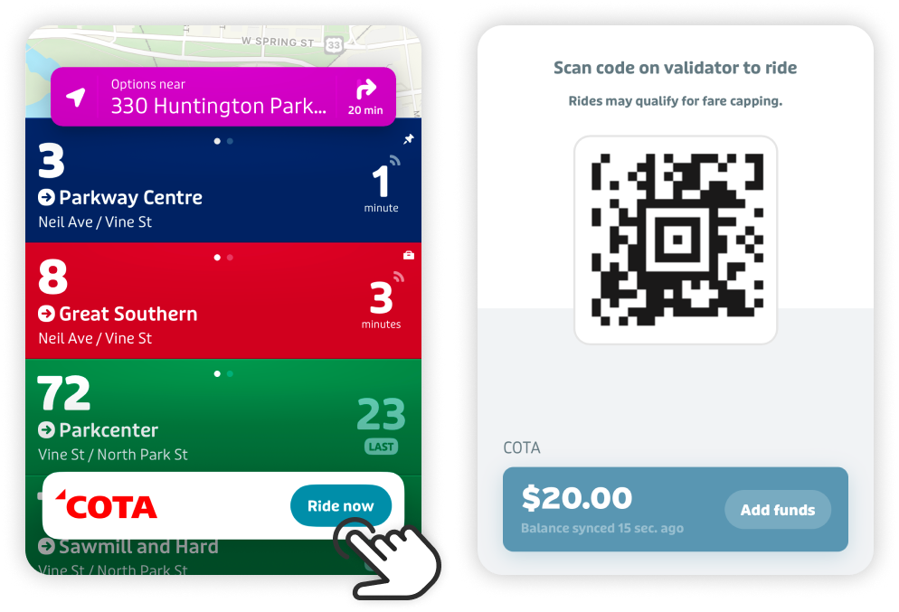 Transit app Ride button and fare validator QR code screens